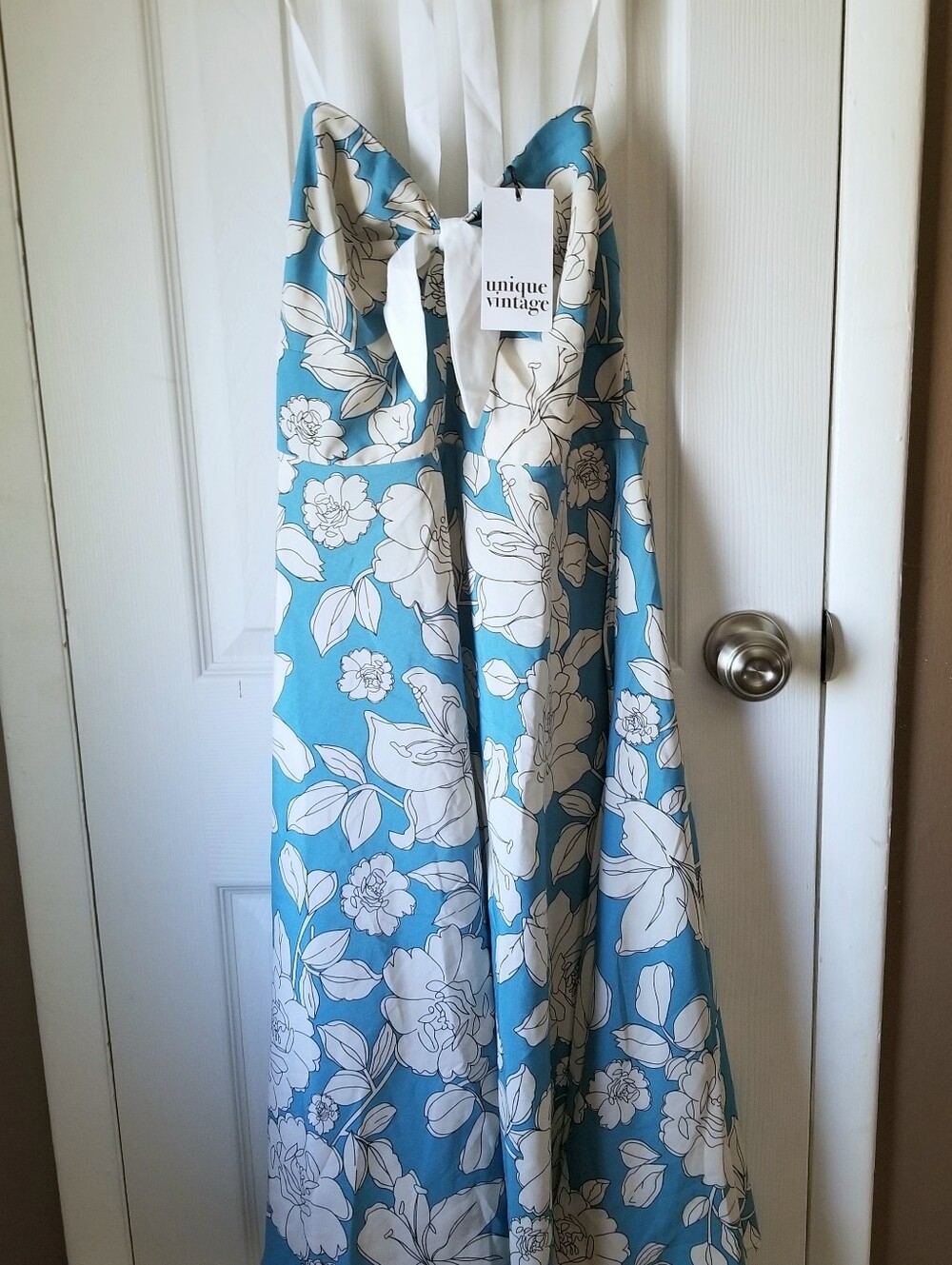 ❗Unique Vintage Floral Teal White Halter Dress Medium❗